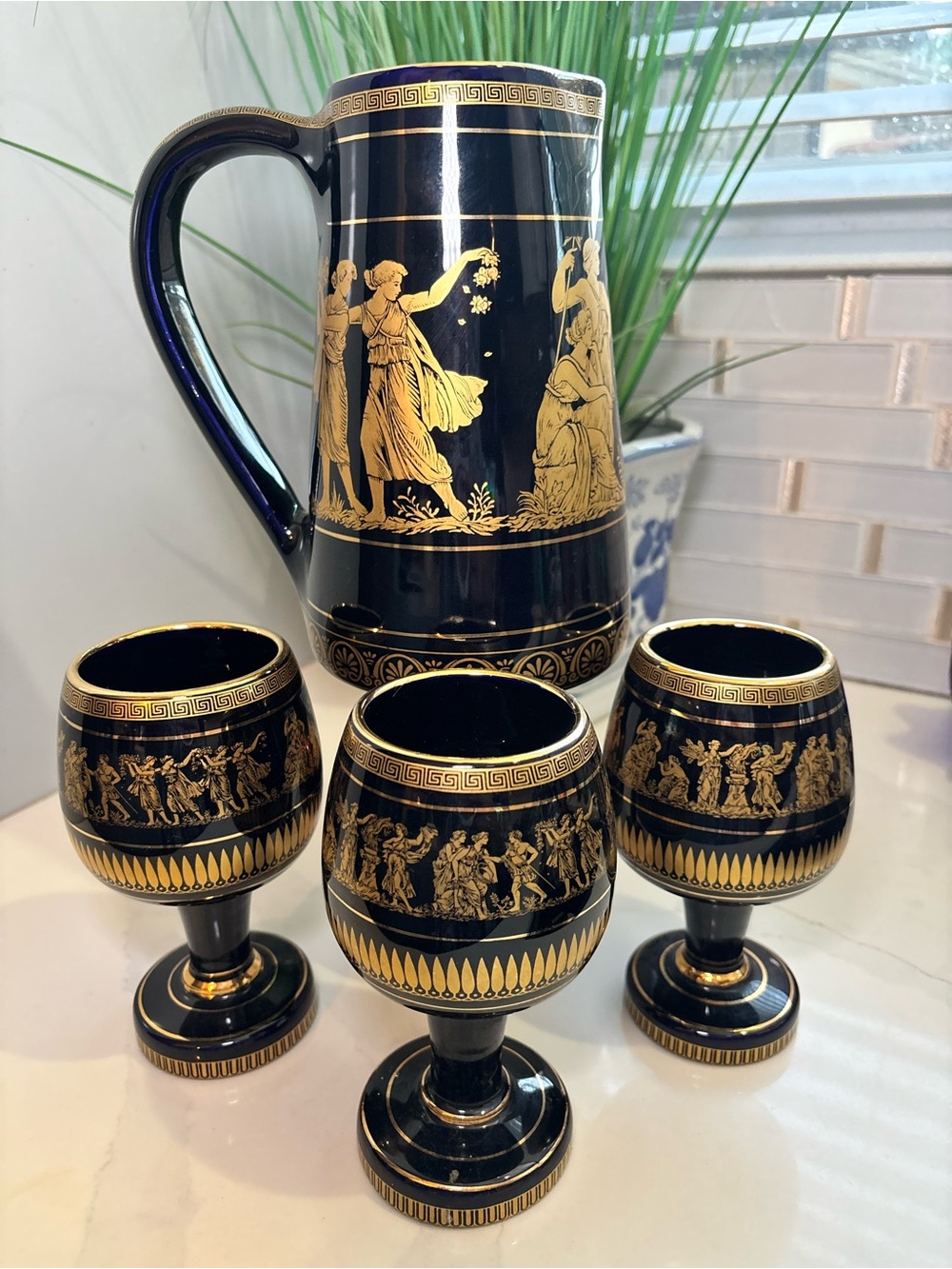 VTG I. Spyropoulos Greek Ceramic 4pc Set Cobalt Blue 24k Gold Pitcher Goblets